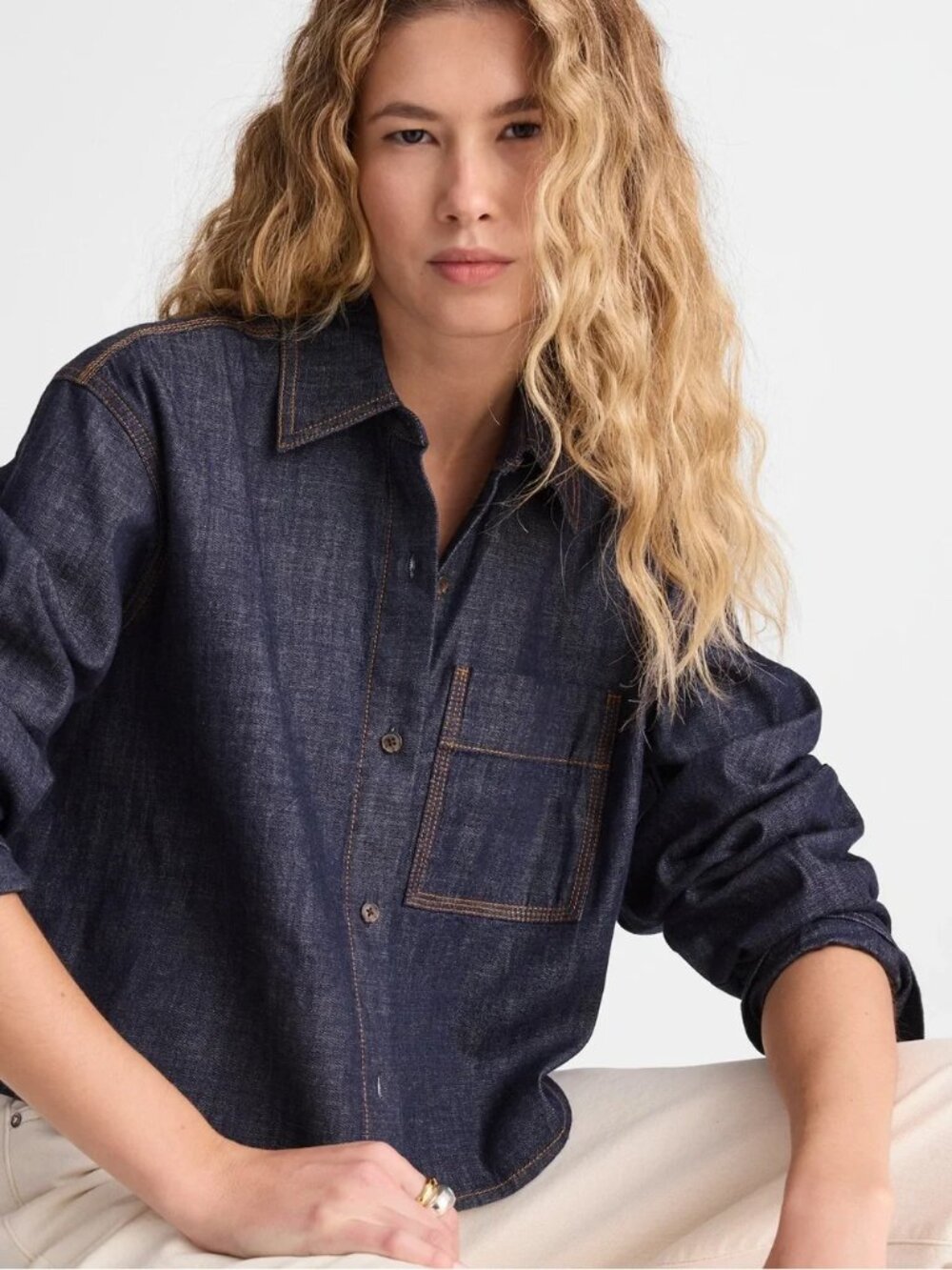 Madewell Alice Blue Denim Long Sleeve Button Down Straight Hem Boxy Shirt L NWT